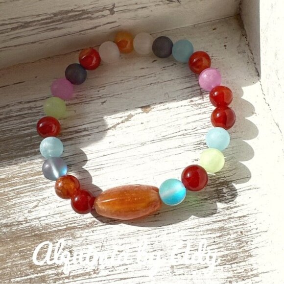 Aquamarine agate and glass crystals beaded bracelet - Picture 1 of 5